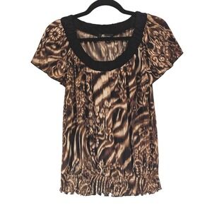 AB Studio Brown Animal Print Smocked Hem Blouse Short Sleeve Scoop Neck M